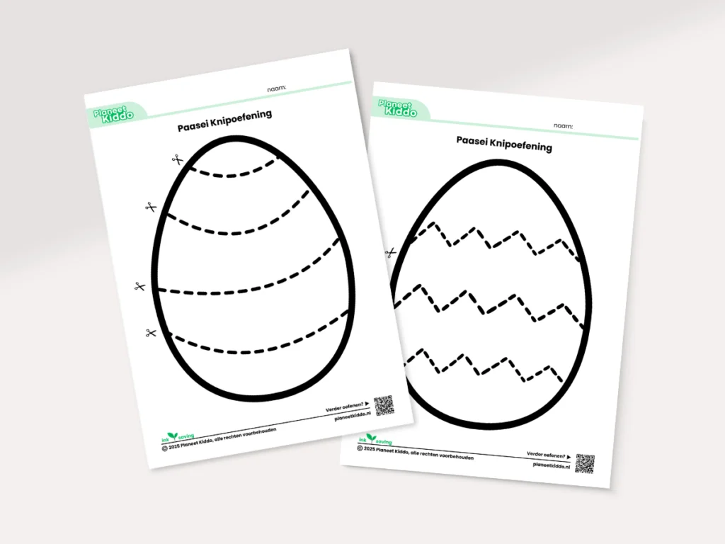Paasei-knipopdracht voor kinderen, met stippellijnen en kleurvlakken. Een werkblad voor het oefenen van fijne motoriek.