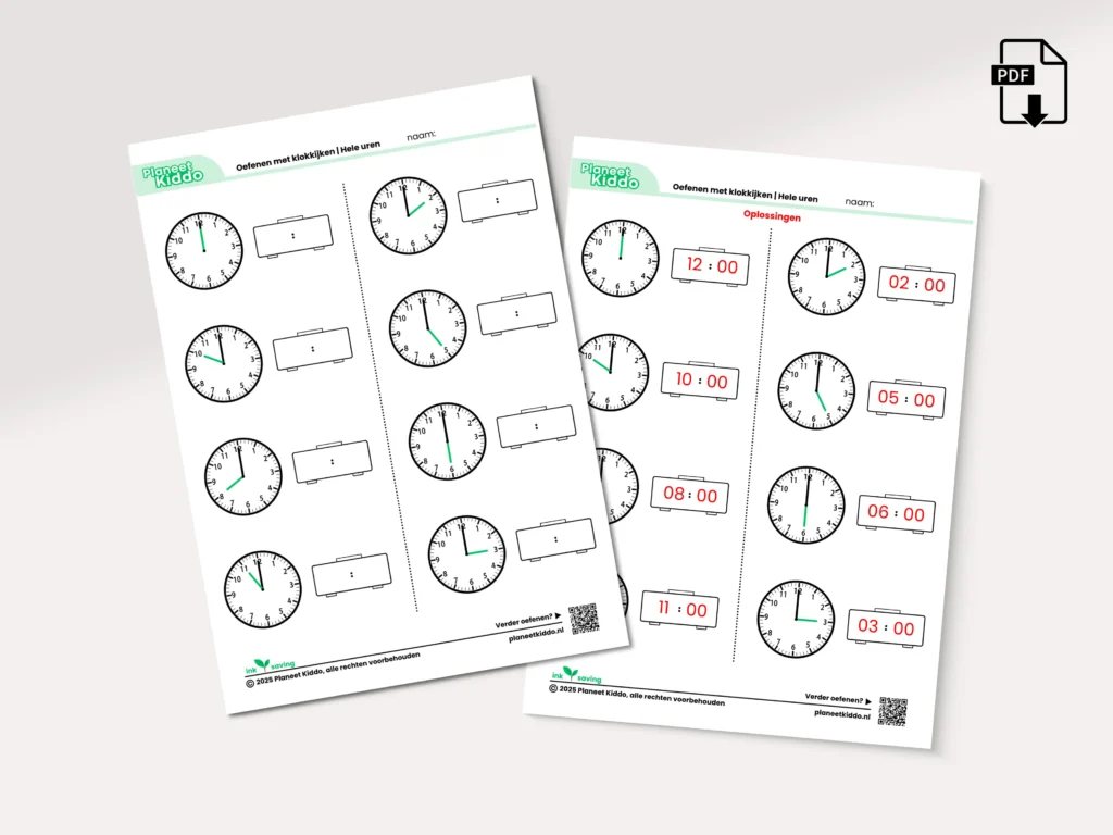Een printbaar werkblad voor het basisonderwijs om te oefenen met analoog klokkijken. Het bevat een raster met wijzerplaten die verschillende tijden aangeven (bijv. hele uren, halve uren, kwart over), met invulruimtes waar leerlingen de juiste digitale tijd kunnen noteren